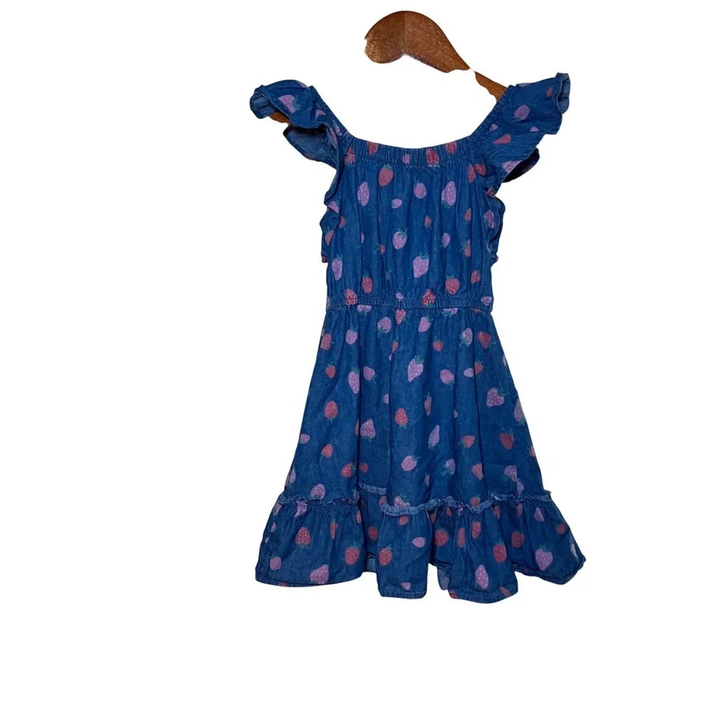 Sweet Story Girls Size 4 Blue Denim Strawberry Print Flutter Sleeve  Dress